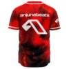 Deep red cosmic print jersey back view showing white arrow emblem and stripe trim