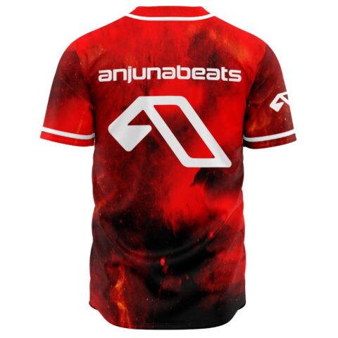 Deep red cosmic print jersey back view showing white arrow emblem and stripe trim