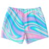 Pastel holographic swirl swim trunks, flat lay back view showing wave pattern