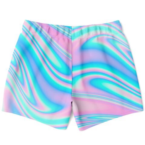Pastel holographic swirl swim trunks, flat lay back view showing wave pattern