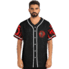 Man wearing black starfield rave jersey with red tiger stripe sleeves and portal graphic