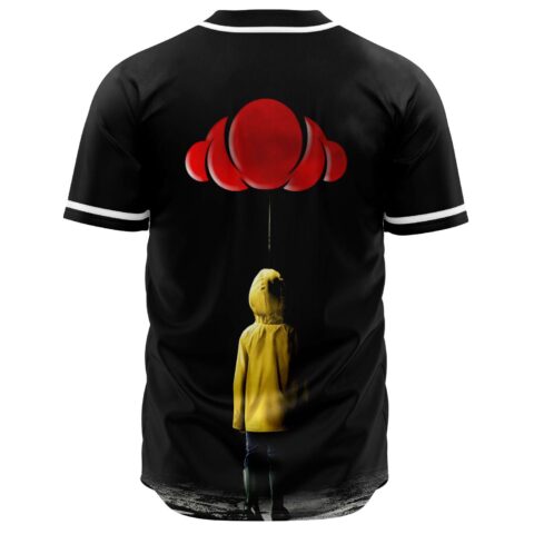 Back view of horror-inspired jersey with red balloon cluster over hooded figure design