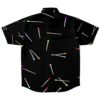 Back view of the black matchstick print rave button-down shirt with vibrant matchsticks