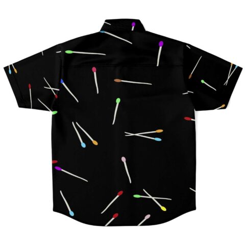 Back view of the black matchstick print rave button-down shirt with vibrant matchsticks