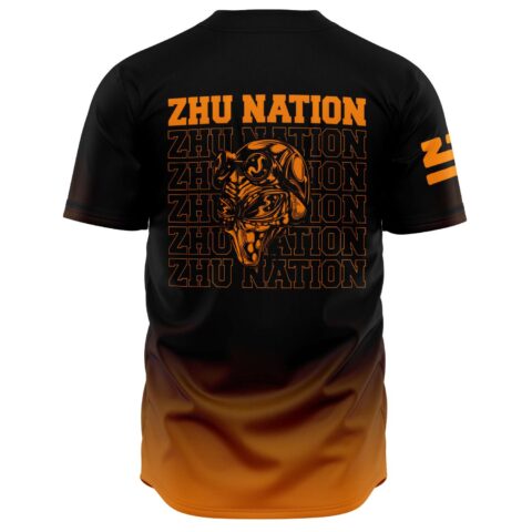 Zhu Nation baseball jersey back view with repeated wordmark and masked wolf graphic