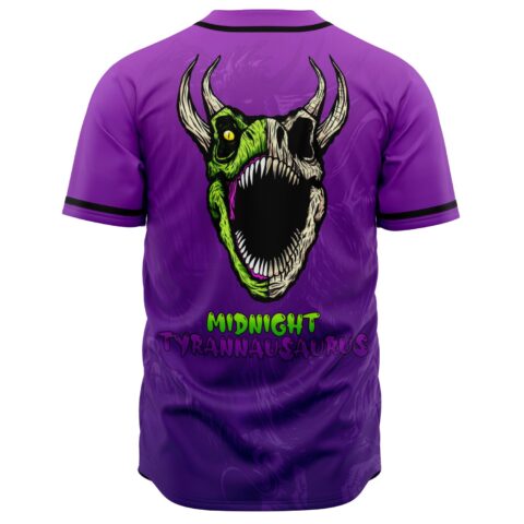 Back view of jersey with horned dinosaur skull graphic and Midnight Tyrannausaurus text