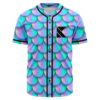 Iridescent teal mermaid scale rave baseball jersey with black K logo front view