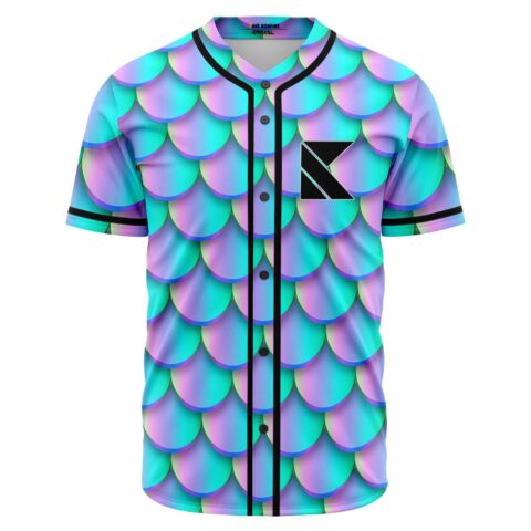 Iridescent teal mermaid scale rave baseball jersey with black K logo front view