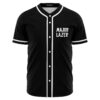 Black bass-inspired baseball jersey with white piping and Major Lazer text on chest, front view