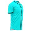 Turquoise rave baseball jersey close-up side view highlighting black-striped collar and cuff trim