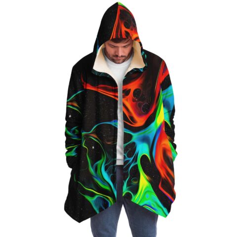 Front view of cosmic swirl rave cloak with vivid abstract swirling design