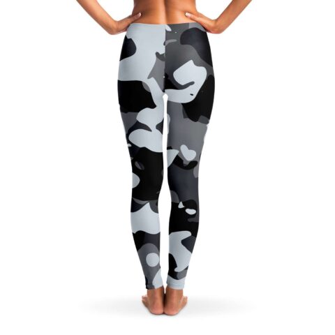 Black and gray camo rave leggings, model back view showing full pattern coverage