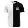 front view of split black and white baseball jersey reading keep it mello