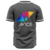 Charcoal rave baseball jersey back view with large tie-dye triangle logo and text below collar
