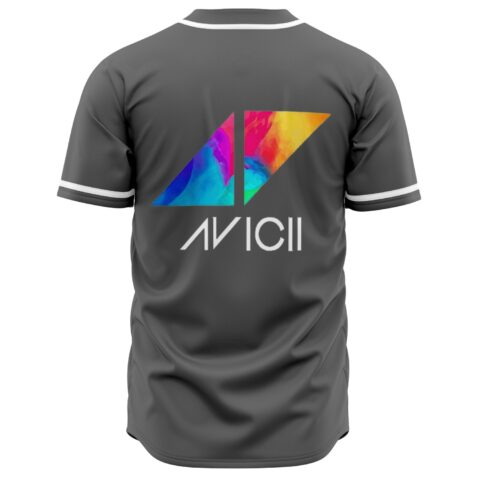 Charcoal rave baseball jersey back view with large tie-dye triangle logo and text below collar
