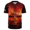Fiery flaming angel wings design on red baseball jersey front view under starry sky