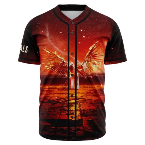 Fiery flaming angel wings design on red baseball jersey front view under starry sky