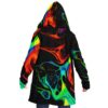 Back view of cosmic swirl rave cloak with colorful swirling abstract patterns on black
