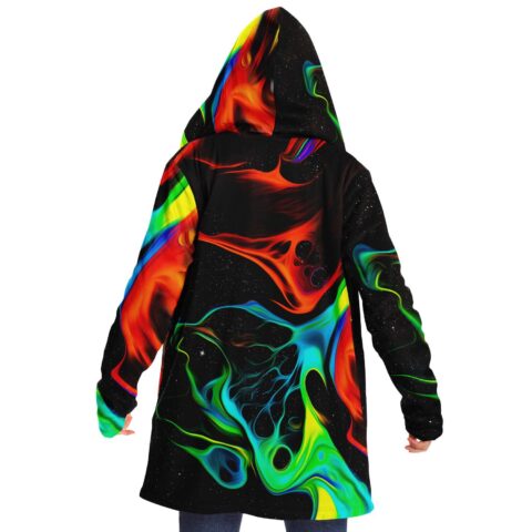 Back view of cosmic swirl rave cloak with colorful swirling abstract patterns on black