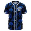 Blue psychedelic mushroom print baseball jersey with white mushroom logo front view