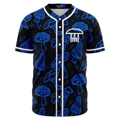 Blue psychedelic mushroom print baseball jersey with white mushroom logo front view