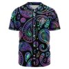 Neon paisley rave baseball jersey with eye diamond logo front view on black
