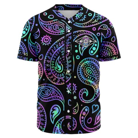 Neon paisley rave baseball jersey with eye diamond logo front view on black