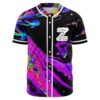 Front view of black psychedelic marbled rave jersey with claw hand graphic and white buttons