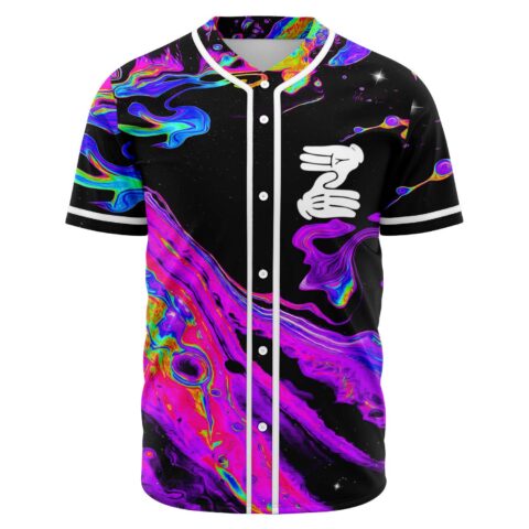Front view of black psychedelic marbled rave jersey with claw hand graphic and white buttons