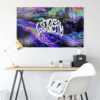Psychedelic oil slick rave flag hung above desk, swirling neon colors and geometric grid