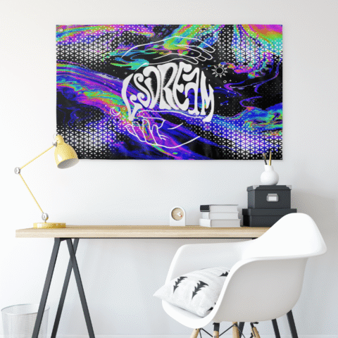 Psychedelic oil slick rave flag hung above desk, swirling neon colors and geometric grid