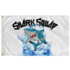 Shark Squad rave flag with cartoon shark bursting through splashing water on white fabric