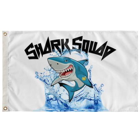 Shark Squad rave flag with cartoon shark bursting through splashing water on white fabric