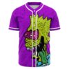 Bright purple rave baseball jersey with cartoon zombie face and pink eyes, front view