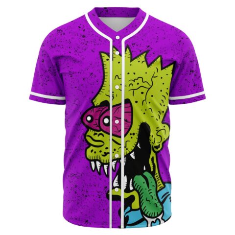 Bright purple rave baseball jersey with cartoon zombie face and pink eyes, front view