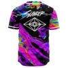 Back view showing SLANDER text above diamond eye logo on oil slick rave jersey