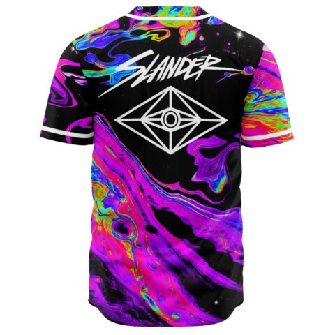 Back view showing SLANDER text above diamond eye logo on oil slick rave jersey