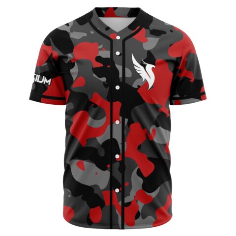Red camouflage rave baseball jersey with winged logo on chest, front view