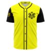 Yellow and black button-up jersey front view with pirate skull chest logo