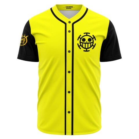 Yellow and black button-up jersey front view with pirate skull chest logo