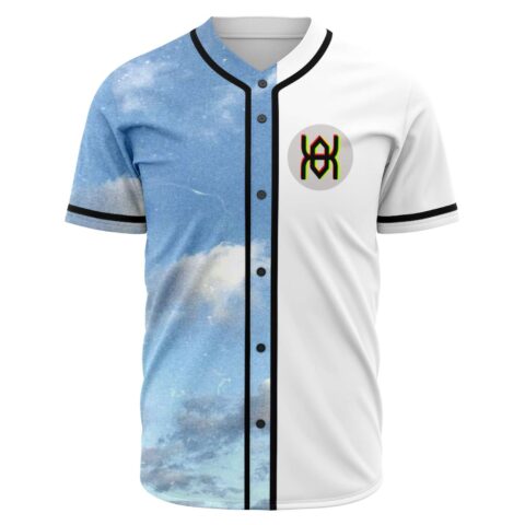Split cloudy sky and white rave baseball jersey with glitch spider logo front view