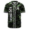 Front view of green paint splatter rave baseball jersey with bold X logo, white buttons