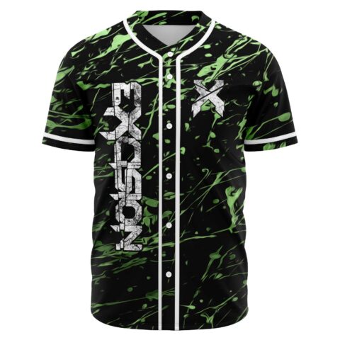 Front view of green paint splatter rave baseball jersey with bold X logo, white buttons