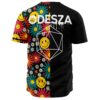 Back view of split jersey showing wireframe icosahedron graphic and dripping ODESZA lettering