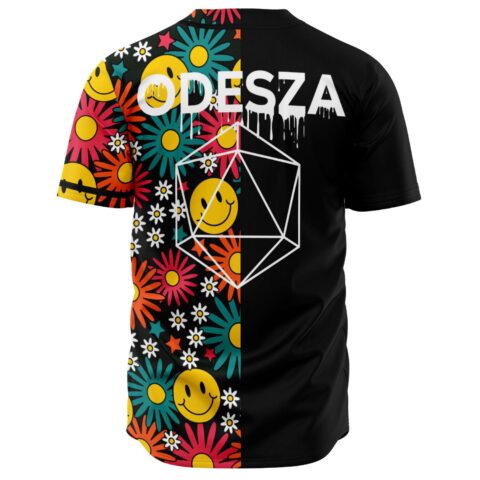 Back view of split jersey showing wireframe icosahedron graphic and dripping ODESZA lettering