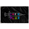 Black rave flag with syringe icon above peace heart yinyang hands symbols and P.L.U.R text