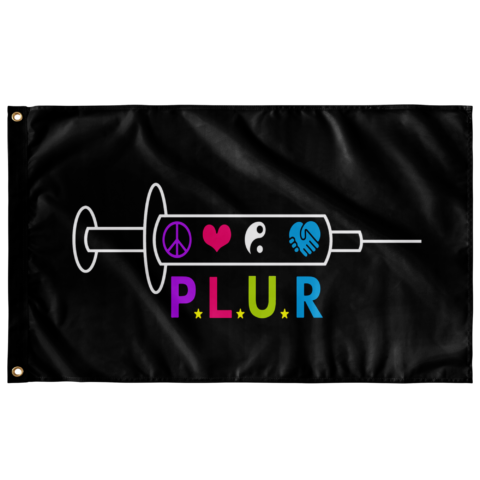 Black rave flag with syringe icon above peace heart yinyang hands symbols and P.L.U.R text