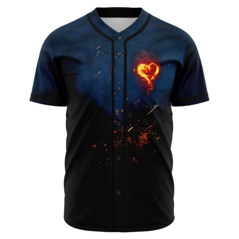 Flaming heart print baseball jersey front view on navy to black fade with ember sparks