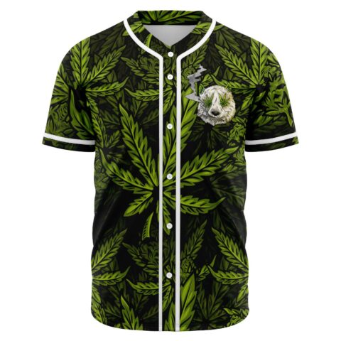 Green cannabis leaf baseball jersey with smoking panda chest patch front view