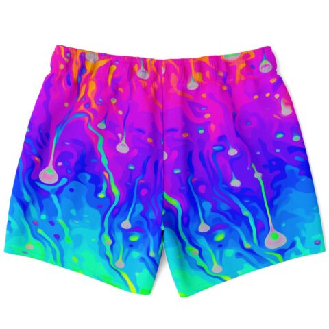 Dripping fluid rave swim trunks back view showing melting neon pattern